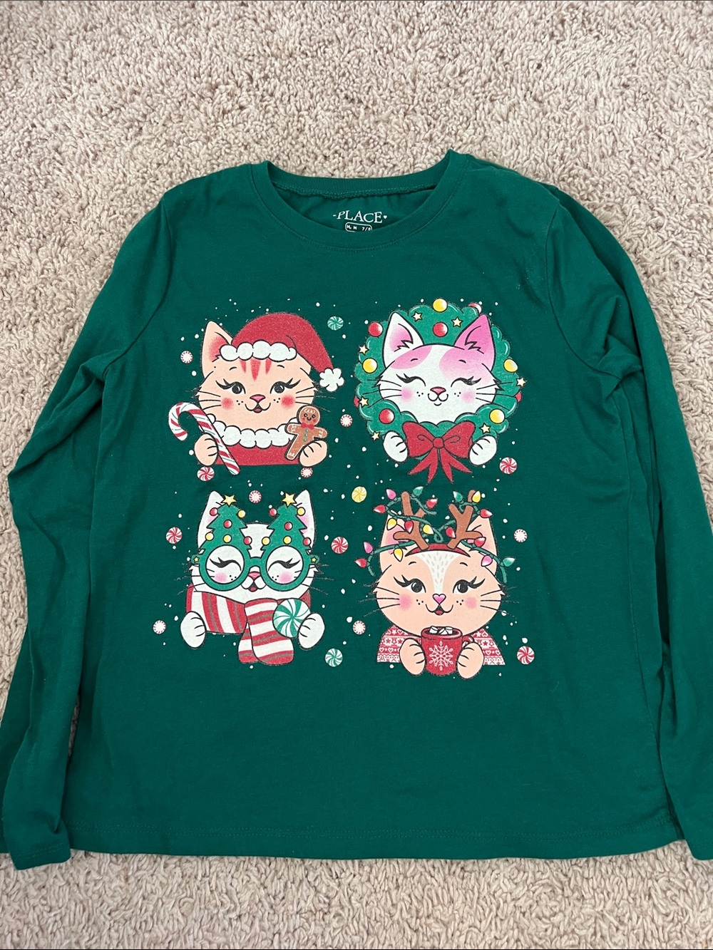 Place Green Long Sleeve Tee with Festive Multicolor Cat Graphics
